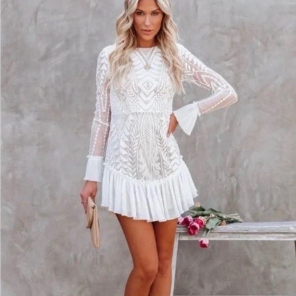 Ivory Lace Ruffle Mini Dress - Saints + Secrets - Picture 1 of 5